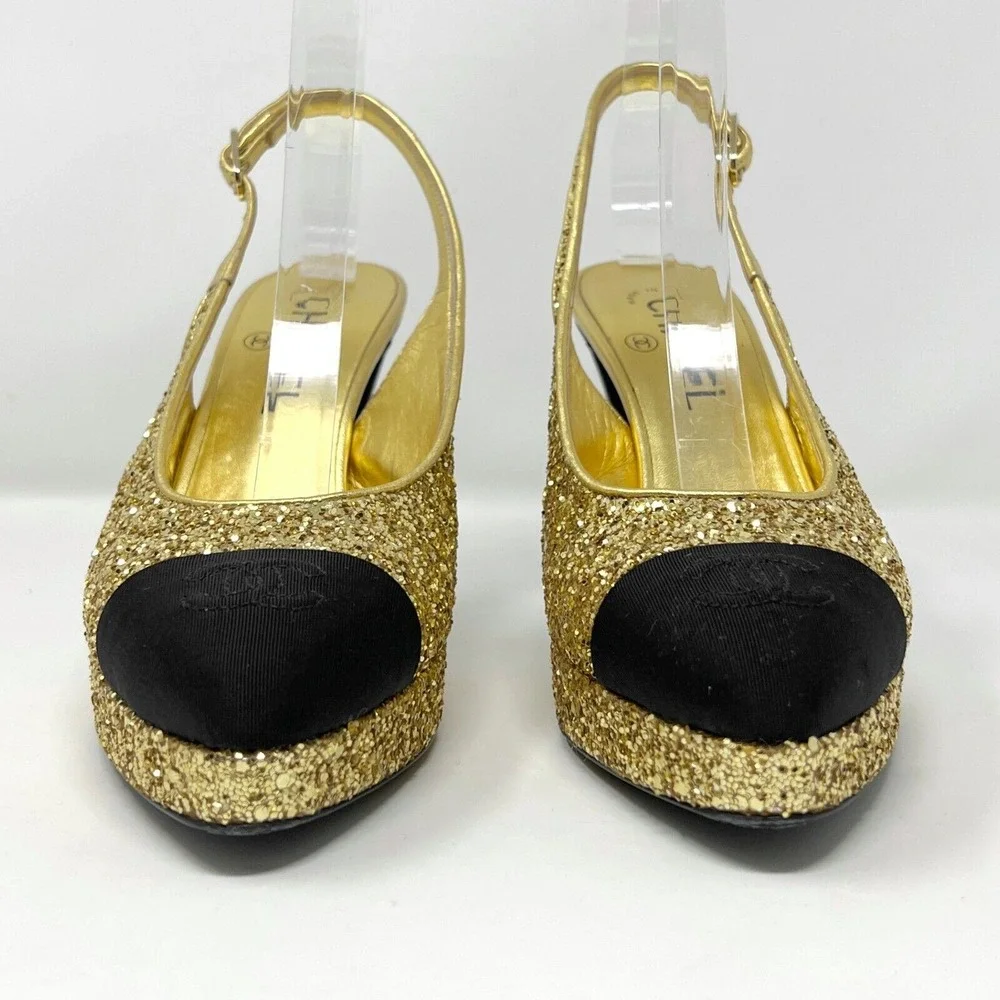 Chanel Gold Glitter‎ Cap Toe Slingback Heels Platform 38